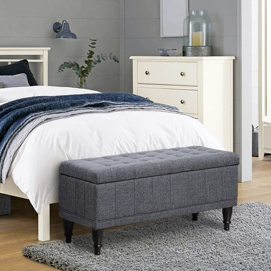Storage Ottoman, Linen Fabric Bench with Soft Close Lid, 42" x 17" x 19", Grey Storage Ottomans & Benches Dark Grey at Gallery Canada