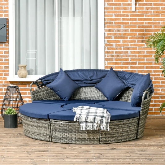 Outdoor Daybed with Retractable Canopy, PE Rattan Wicker Round Sofa, Dark Blue Daybeds Grey Rattan, Dark Blue Cushion at Gallery Canada
