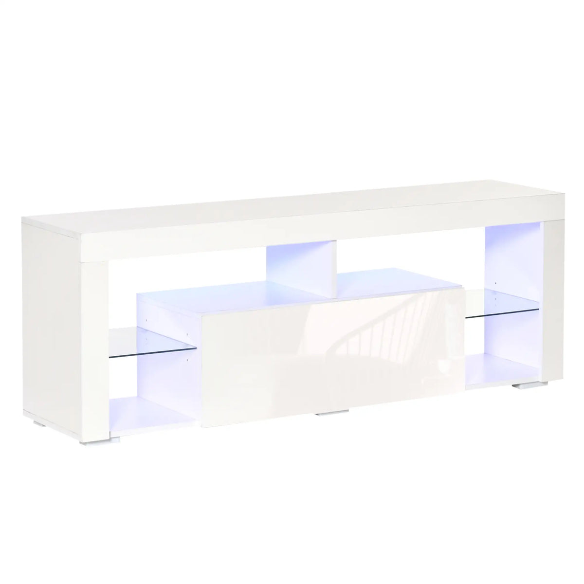 Support TV pour téléviseurs de 55 pouces, lumières LED, télécommande, tiroir de rangement, blanc