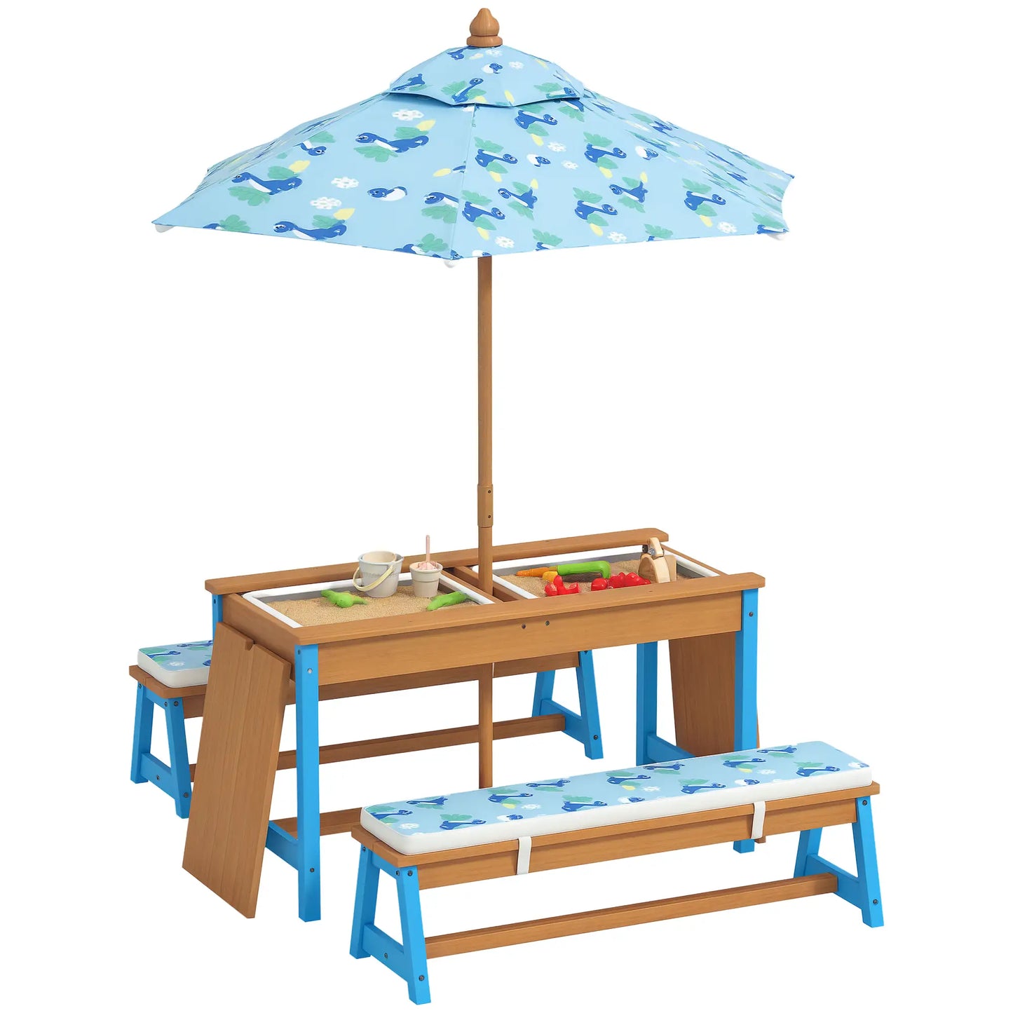 Kids Picnic Table Bench Set with Umbrella, Cushions, Boxes, Dinosaur Theme, Blue Kids Outdoor Furniture at Gallery Canada