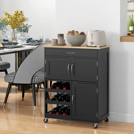 Rolling Kitchen Cart, Island with Storage Drawer, 9-Bottle Wine Rack, Black Kitchen Islands & Kitchen Carts Black, Natural at Gallery Canada