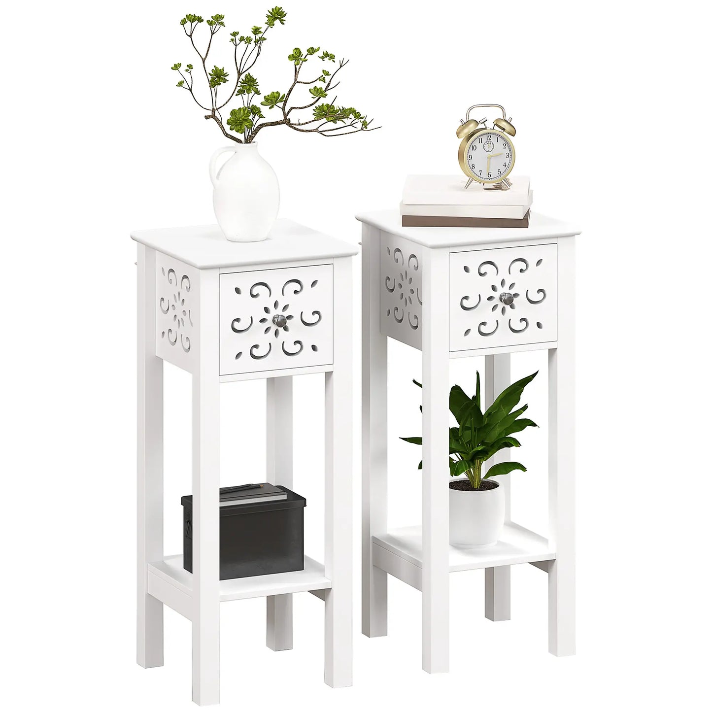 Nightstand Set of 2, Drawer and Open Shelf, White Side Tables at Gallery Canada