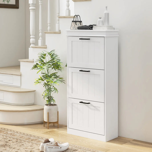 Slim Shoe Cabinet, 3 Flip Drawers, Adjustable Shelves, 15 Pairs, White Shoe Storage Cabinets & Racks White at Gallery Canada