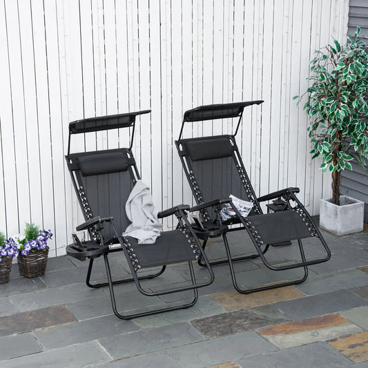 2 Piece Foldable Lounge Chair with Canopy Shade, Outdoor Zero Gravity Chair w/ Side Tray &; Cup Holder, Reclining Lounger w/ Breathable Mesh Fabric Seat, Pillow, Black Lounger Chairs Black at Gallery Canada