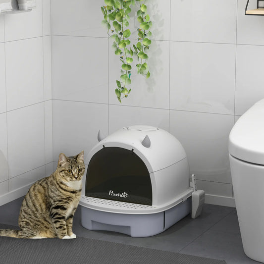Cat Litter Box with Lid, Front Door Flap, Scoop, Grey Cat Litter Box Enclosures Grey, White, Black at Gallery Canada