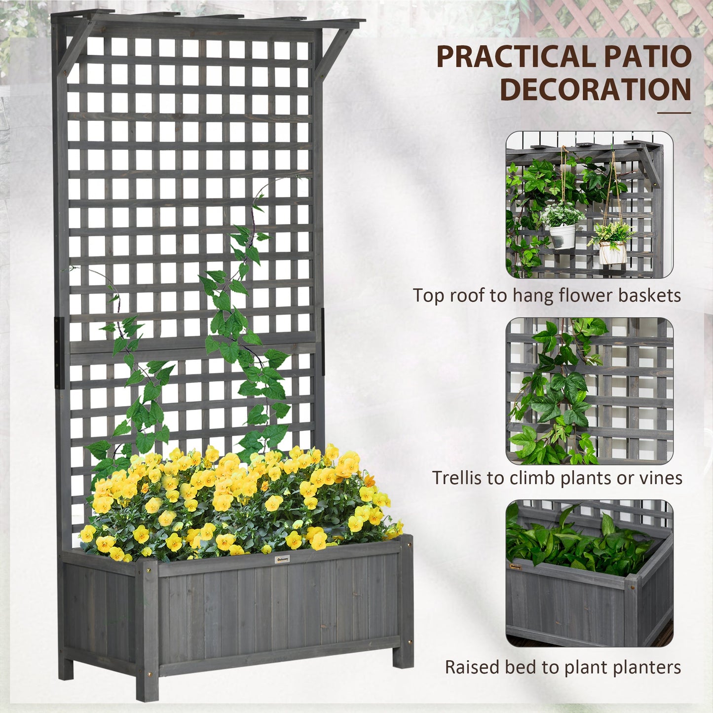 Wood Planter with Trellis for Vine Climbing, Raised Garden Bed, Privacy Screen for Backyard, Patio, Deck, Dark Grey at Gallery Canada