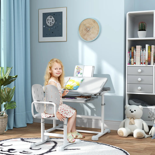 Ensemble Bureau et Chaise Réglables pour Enfants, Plateau Inclinable, Grande Planche, Tiroir, Gris
