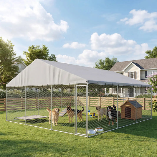 Heavy Duty Outdoor Dog Kennel, Waterproof Roof, Secure Latch, 19.7' x 19.7' x 8.9' Dog Kennels Silver at Gallery Canada