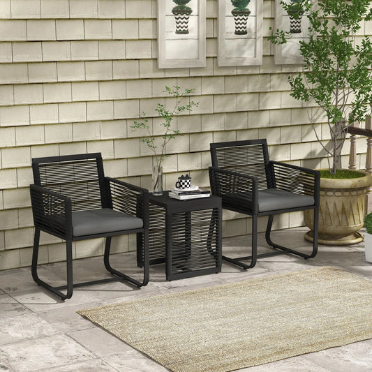 3-Piece PE Rattan Bistro Set, Seat Cushions, Tempered Glass Table, Black Bistro Sets Black, Grey at Gallery Canada