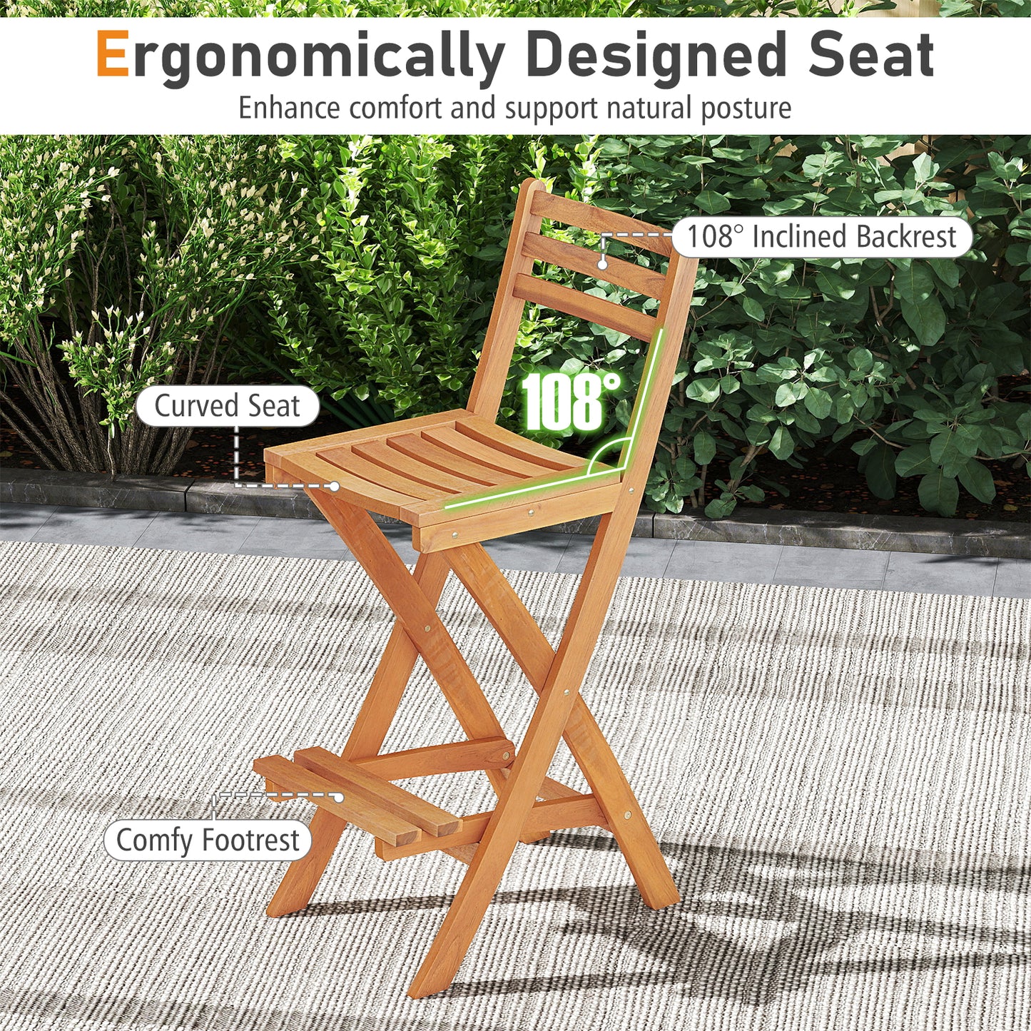 Acacia Wood Bar Height Chair with Backrest and Footrest for Backyard-1pcs Bar Stools at Gallery Canada