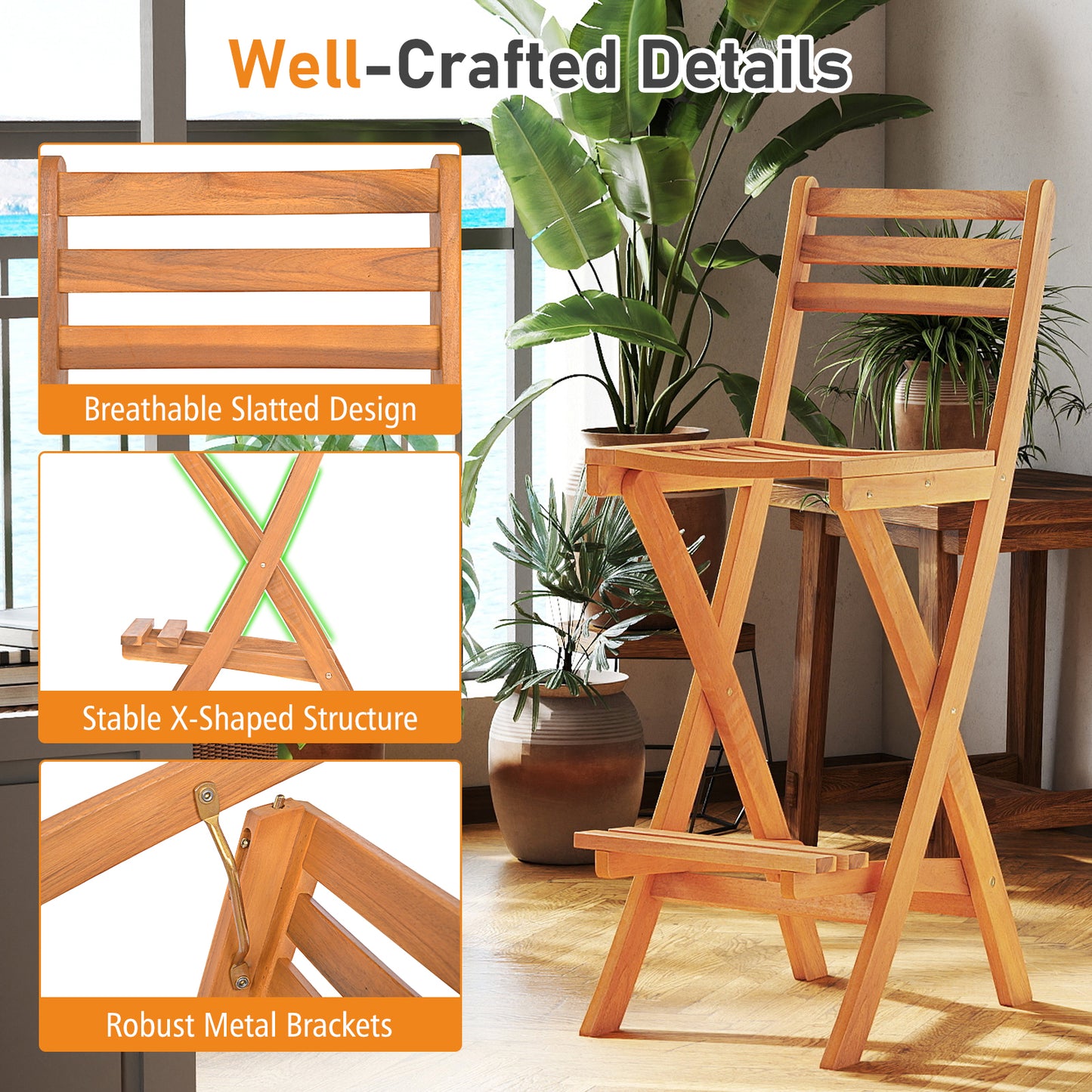 Acacia Wood Bar Height Chair with Backrest and Footrest for Backyard-Set of 4 Patio Bar Furniture at Gallery Canada