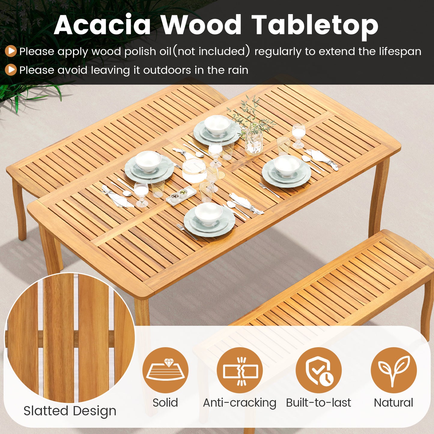 Acacia Wood Outdoor Table and Bench Chairs Set with 1.97 Inch Umbrella Hole Patio Dining Sets at Gallery Canada