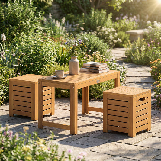 Acacia Wood Outdoor Coffee Table with Stools Set of 2 3 Pieces Patio Table and Stools Set