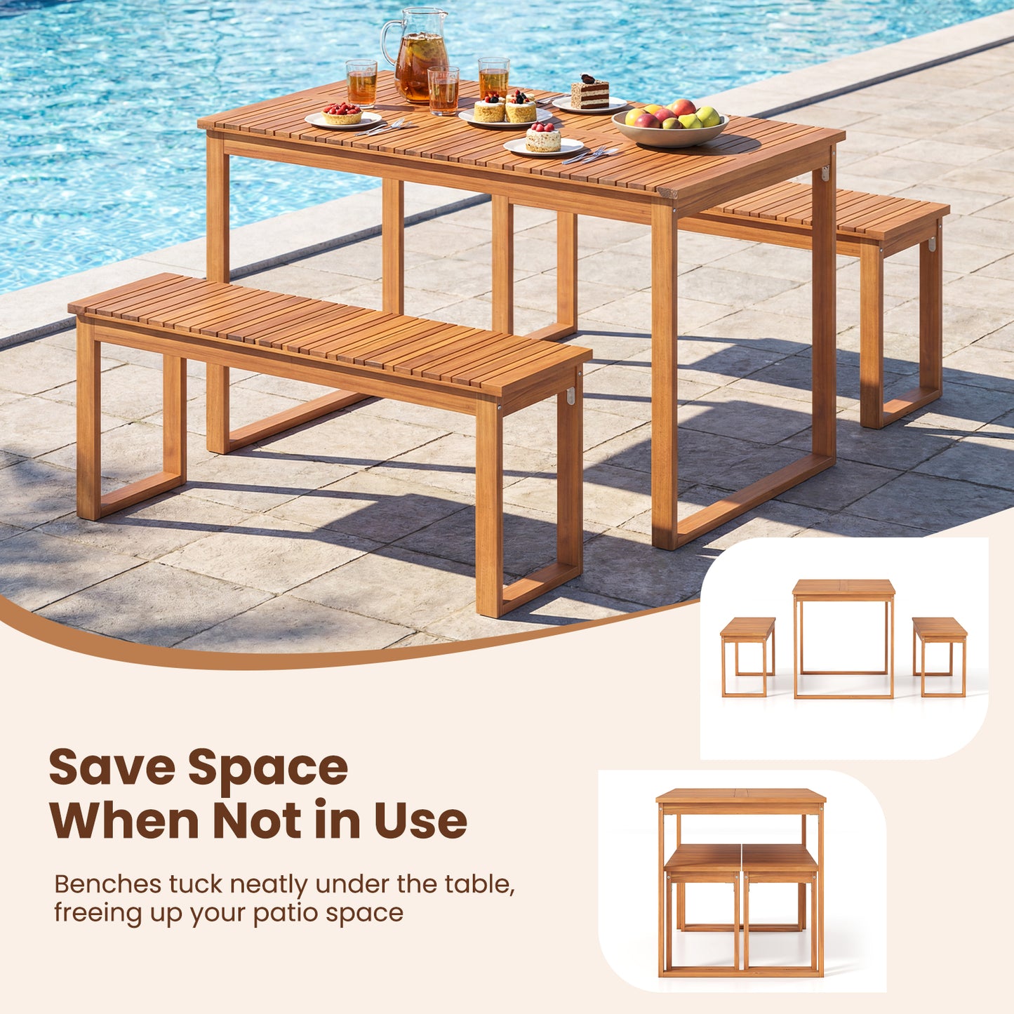 Acacia Wood Outdoor Garden Bench Set of 1/2 with Slatted Seat for Front Porch-Set of 2 Outdoor Benches at Gallery Canada