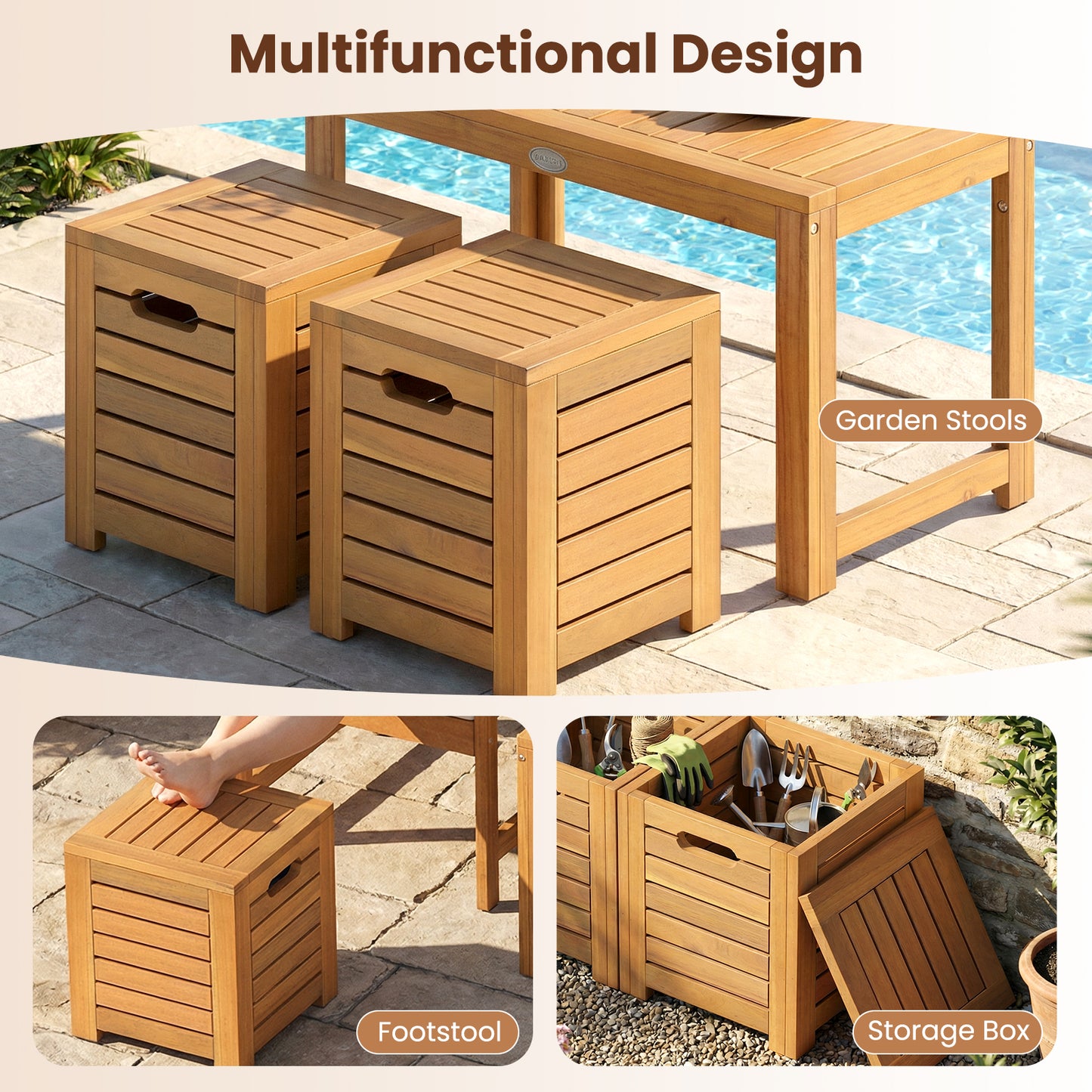 Acacia Wood Outdoor Coffee Table with Stools Set of 2 3 Pieces Patio Table and Stools Set Patio Conversation Sets at Gallery Canada