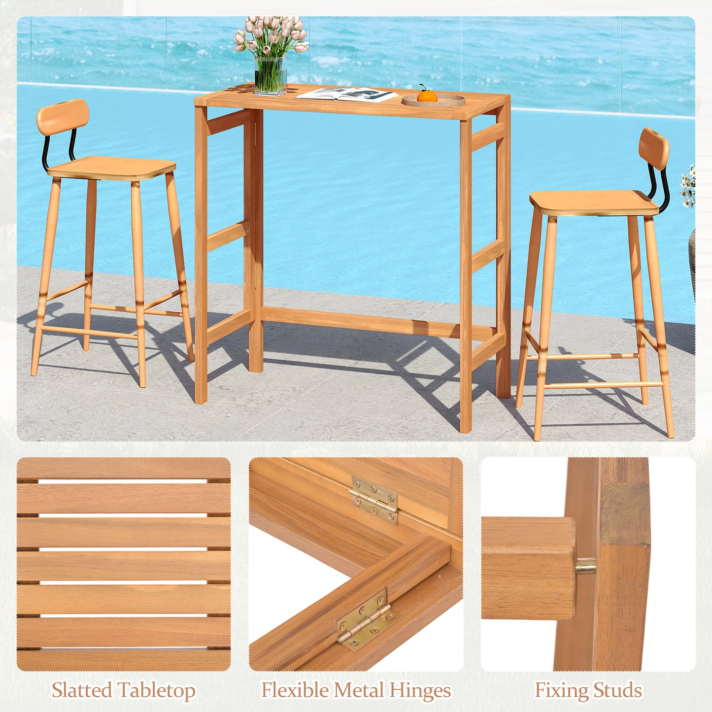 Acacia Wood Outdoor Bar Table with Slatted Tabletop for Balcony Bar Tables at Gallery Canada