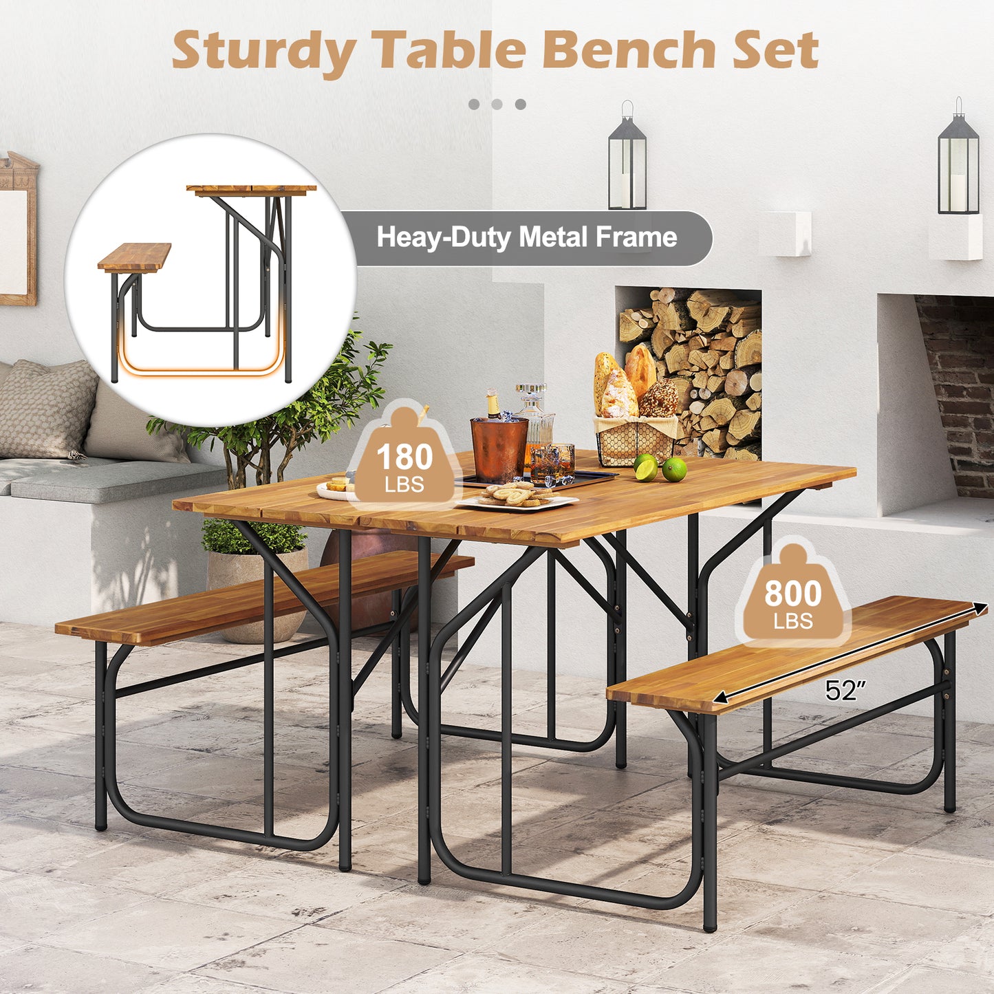 Acacia Wood Patio Table Bench, 2 Person, Natural Picnic Tables at Gallery Canada