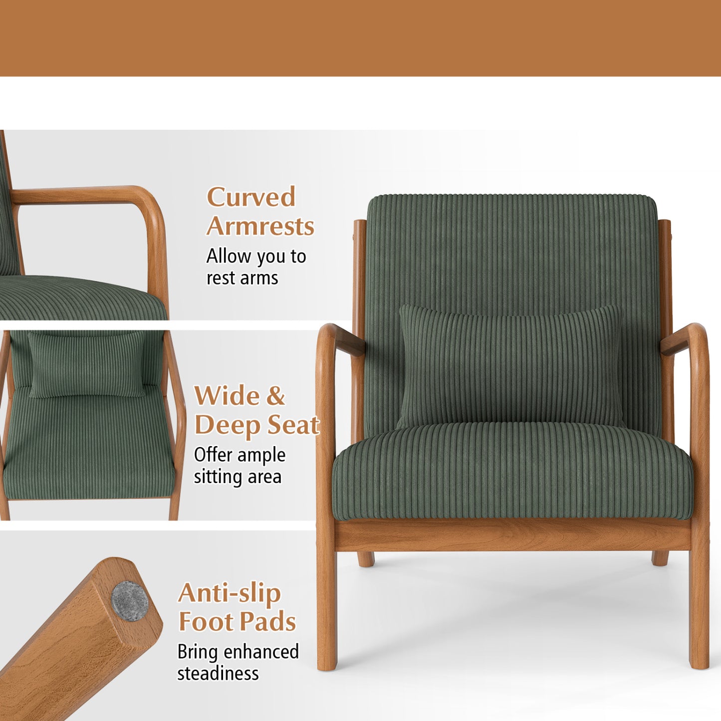 Accent Chair Corduroy Upholstered Lounge Chair with Lumbar Pillow, Green Accent Chairs at Gallery Canada