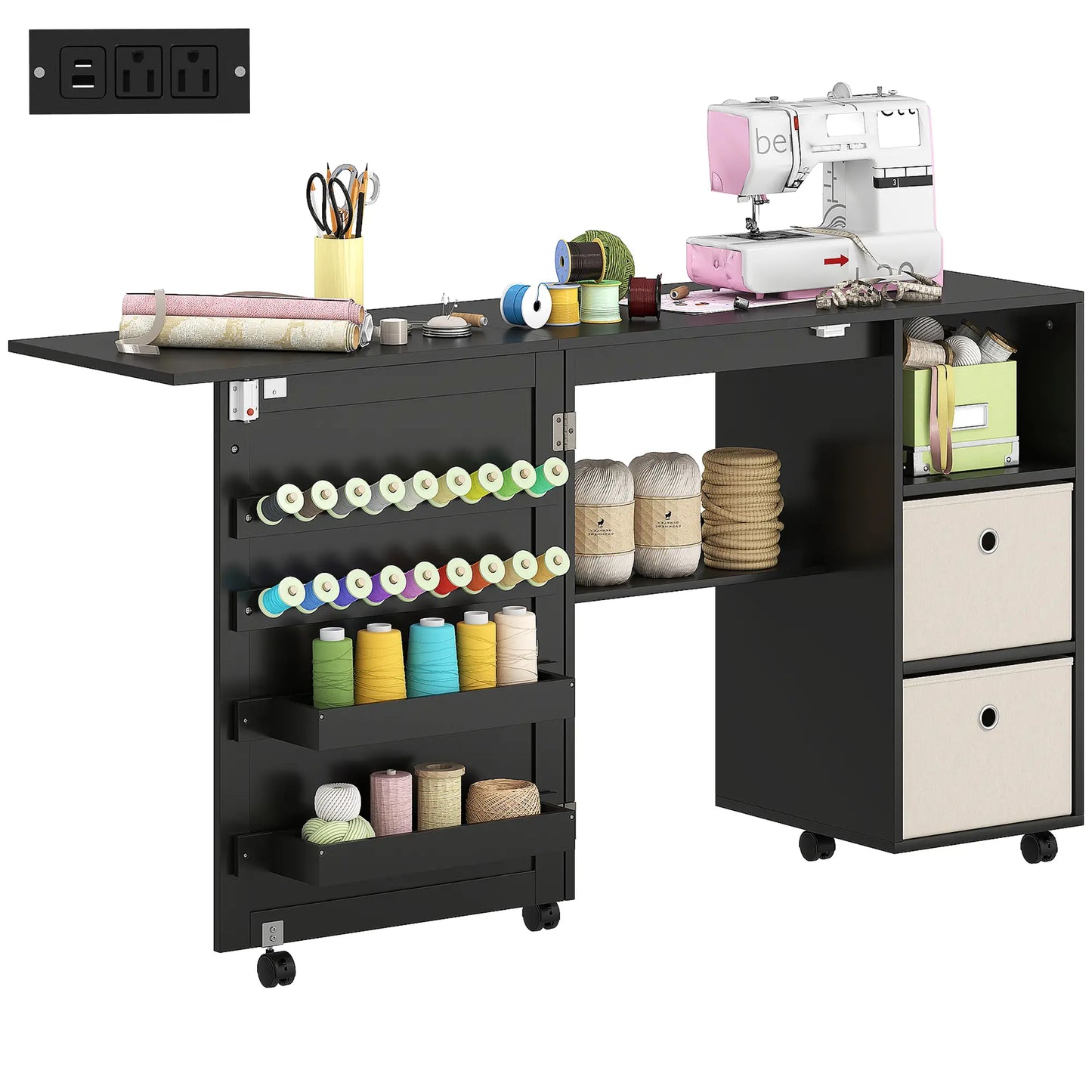 Rolling Sewing Machine Table, Folding Craft Table with Drawers, Bins, Pegs, Black Sewing Cabinets at Gallery Canada