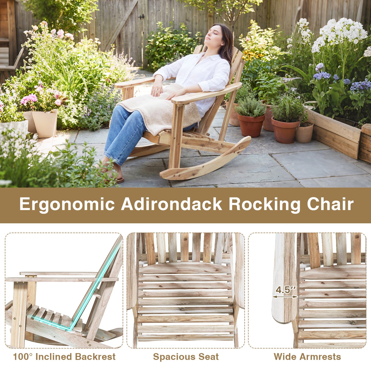 Adirondack Rocking Chair with Slatted Seat and High Fanned Back, Natural Adirondack Chairs at Gallery Canada