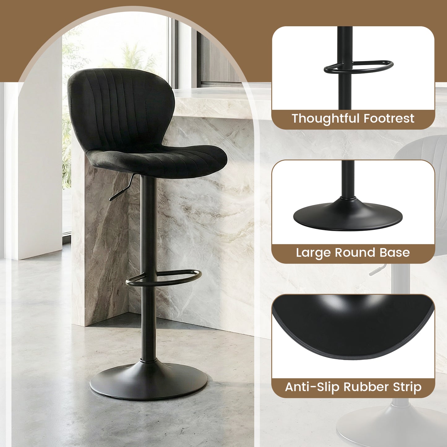 Adjustable Counter Height Chairs Set of 2 with Velvet Upholstered Backrests, Black Bar Stools at Gallery Canada