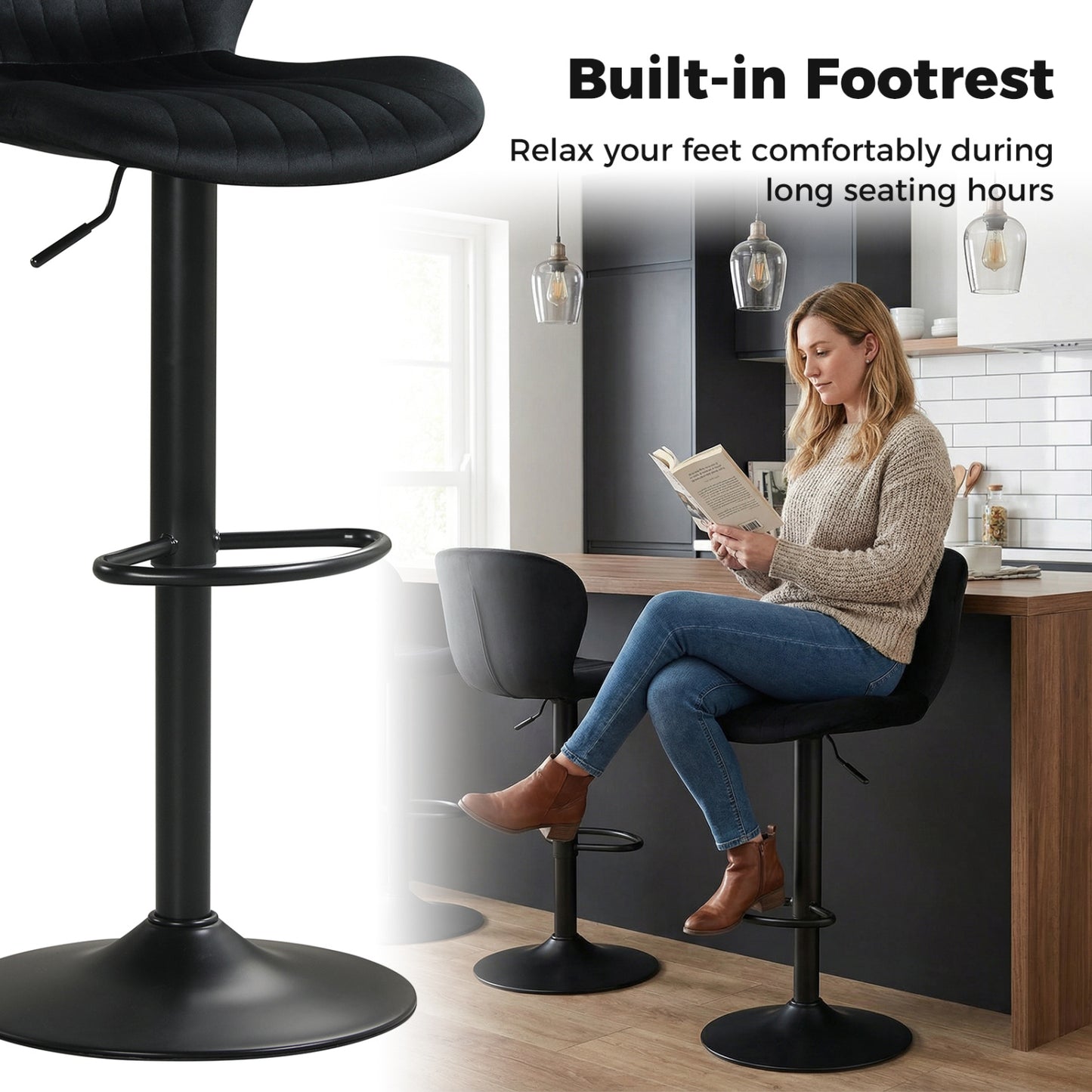 Adjustable Counter Height Chairs Set of 2 with Velvet Upholstered Backrests, Black Bar Stools at Gallery Canada