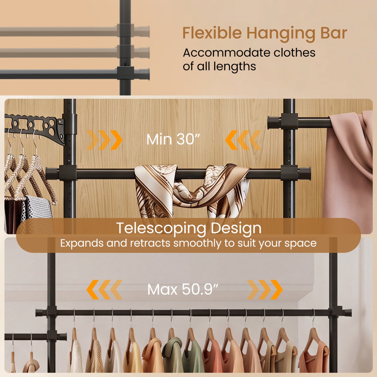 Adjustable Floor to Ceiling Clothes Rack with 6 Hanging Rods, Black