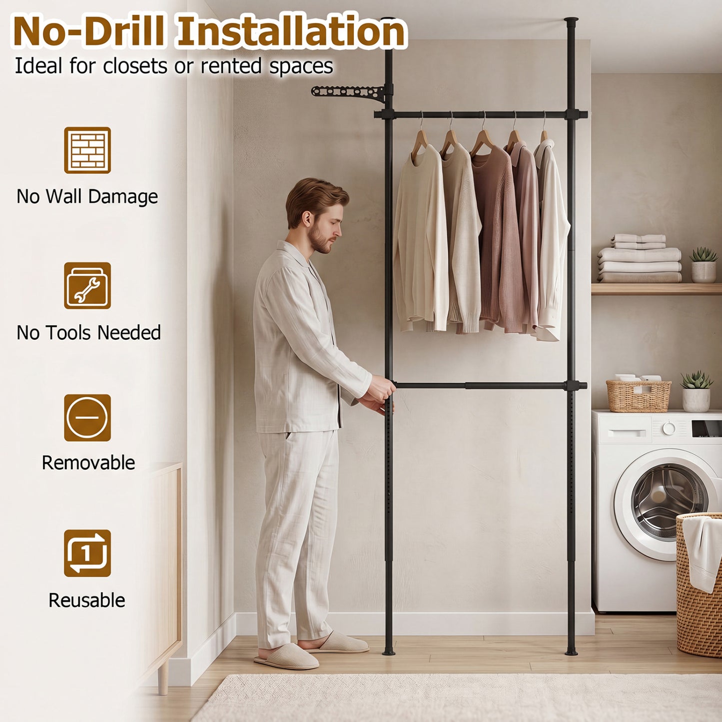 Adjustable Floor-to-Ceiling Clothes Rack with 2 Hanging Rods, Black