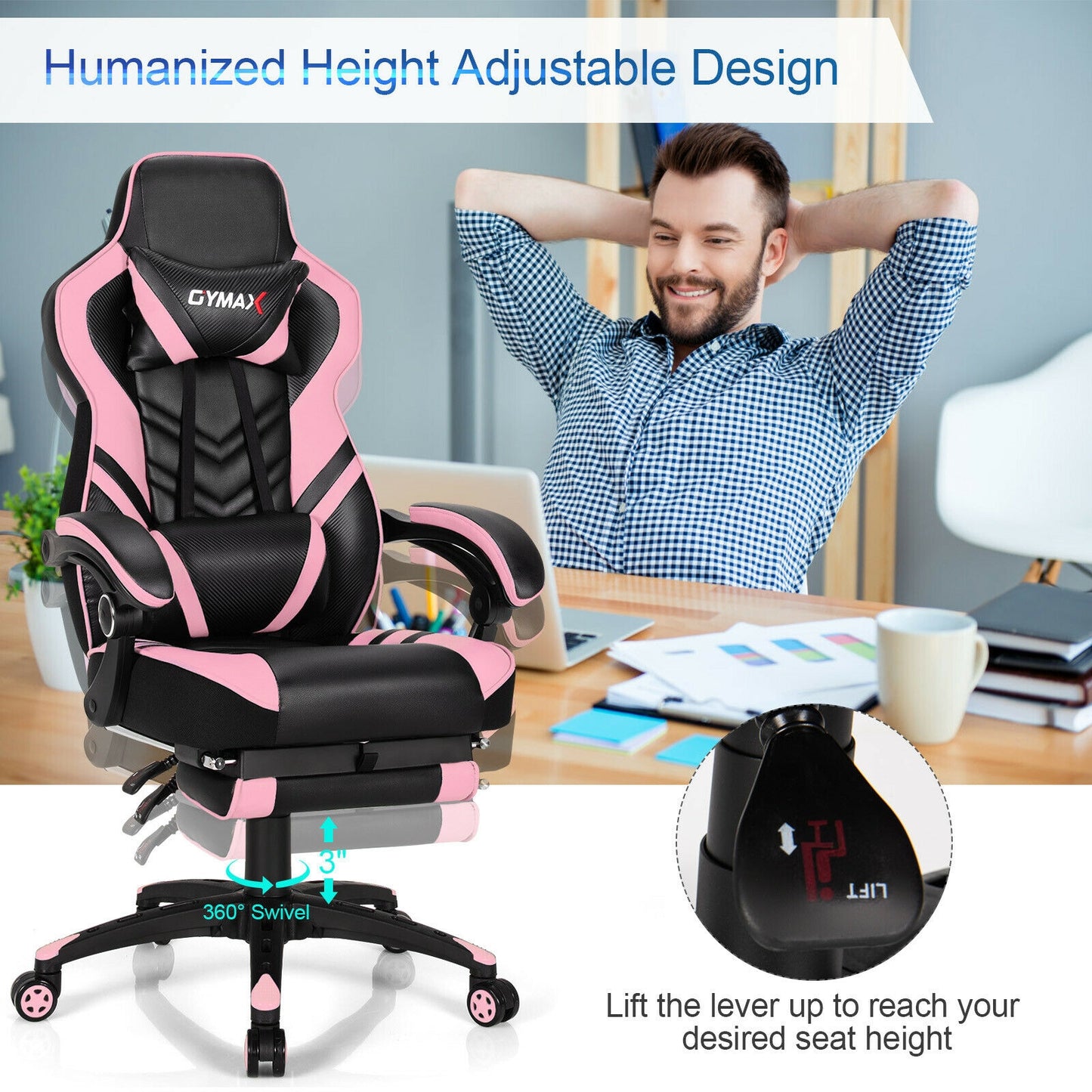 Adjustable Gaming Chair With Footrest, Pink Gaming Chairs at Gallery Canada
