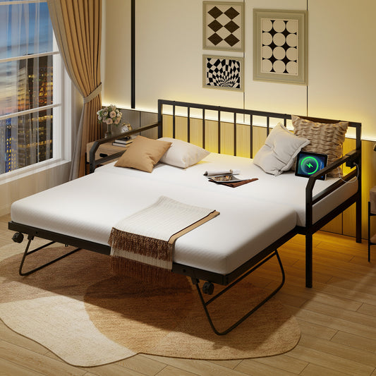 Adjustable Metal Twin Size Daybed With Charging Station, LED Light, Black Trundle Bed Frame Black at Gallery Canada