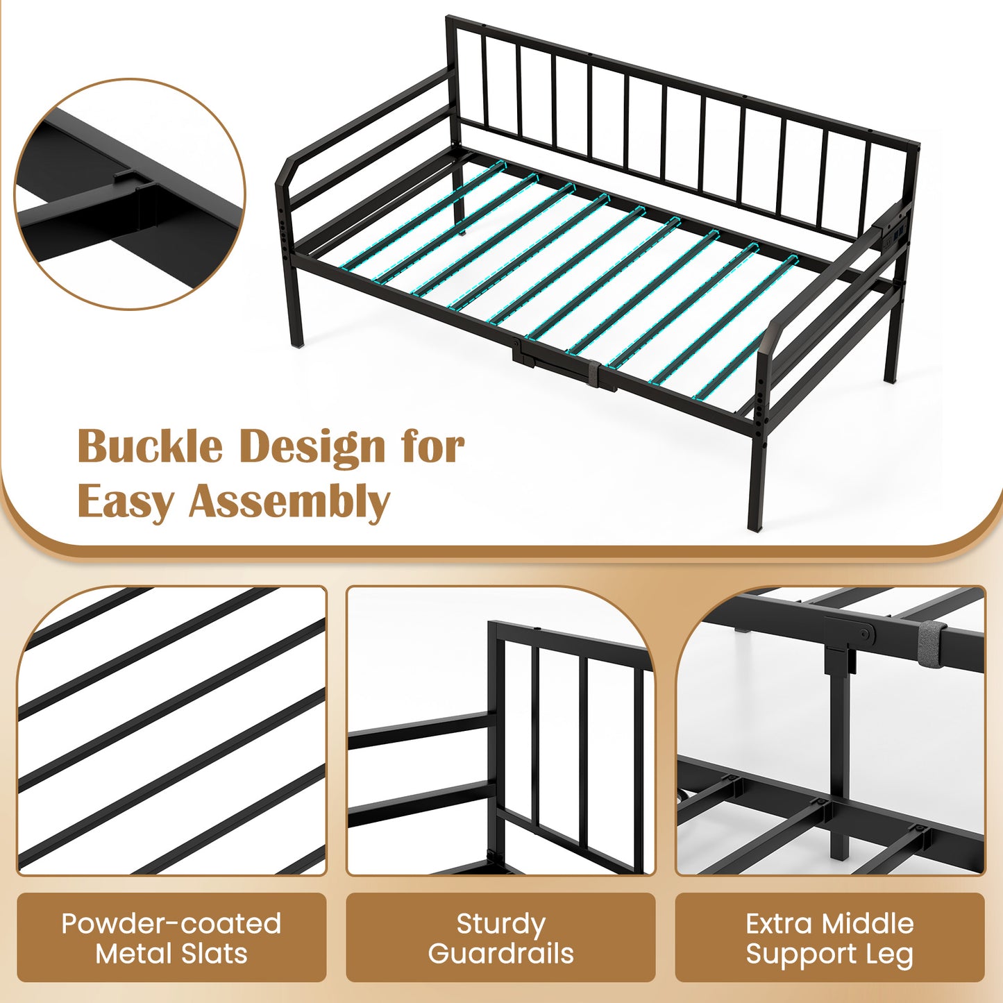 Adjustable Metal Twin Size Daybed With Charging Station, LED Light, Black
