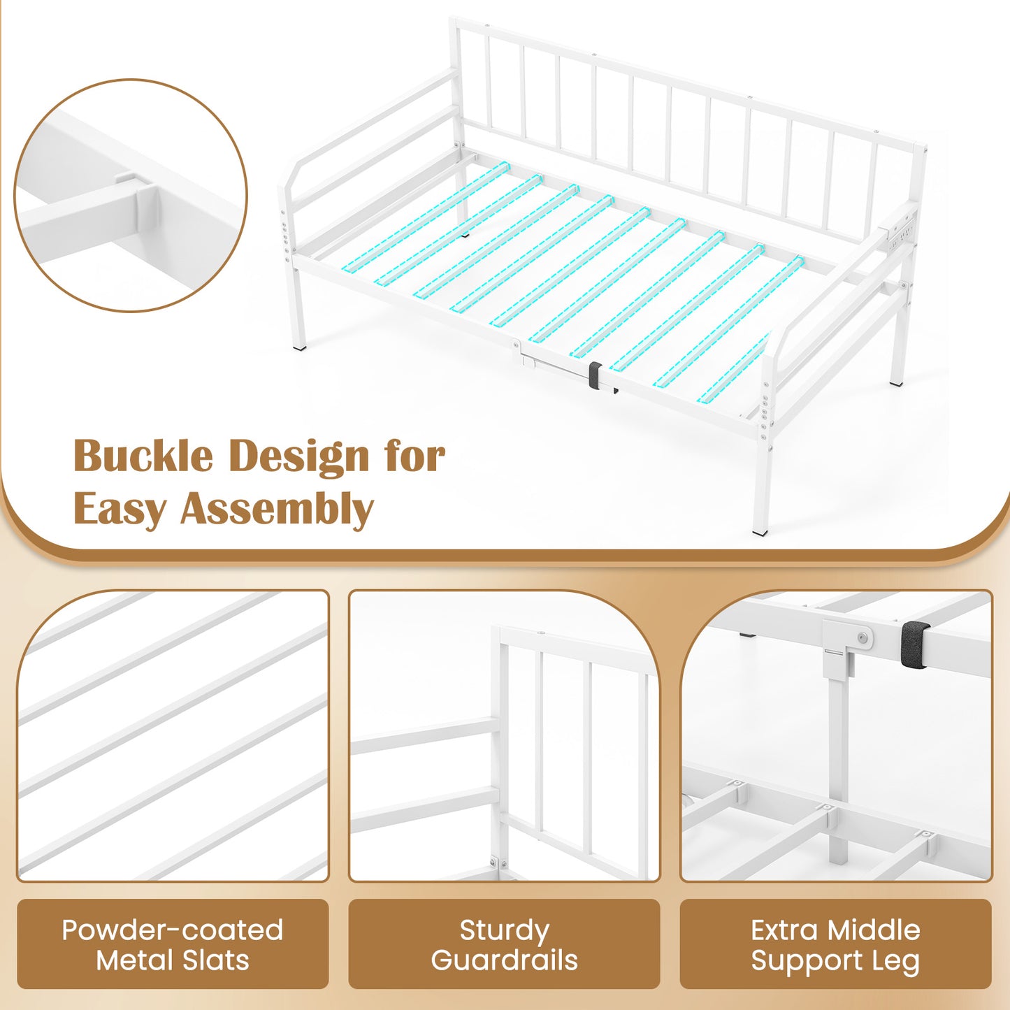 Adjustable Metal Twin Size Daybed With Charging Station, LED Light, White Trundle Bed Frame at Gallery Canada