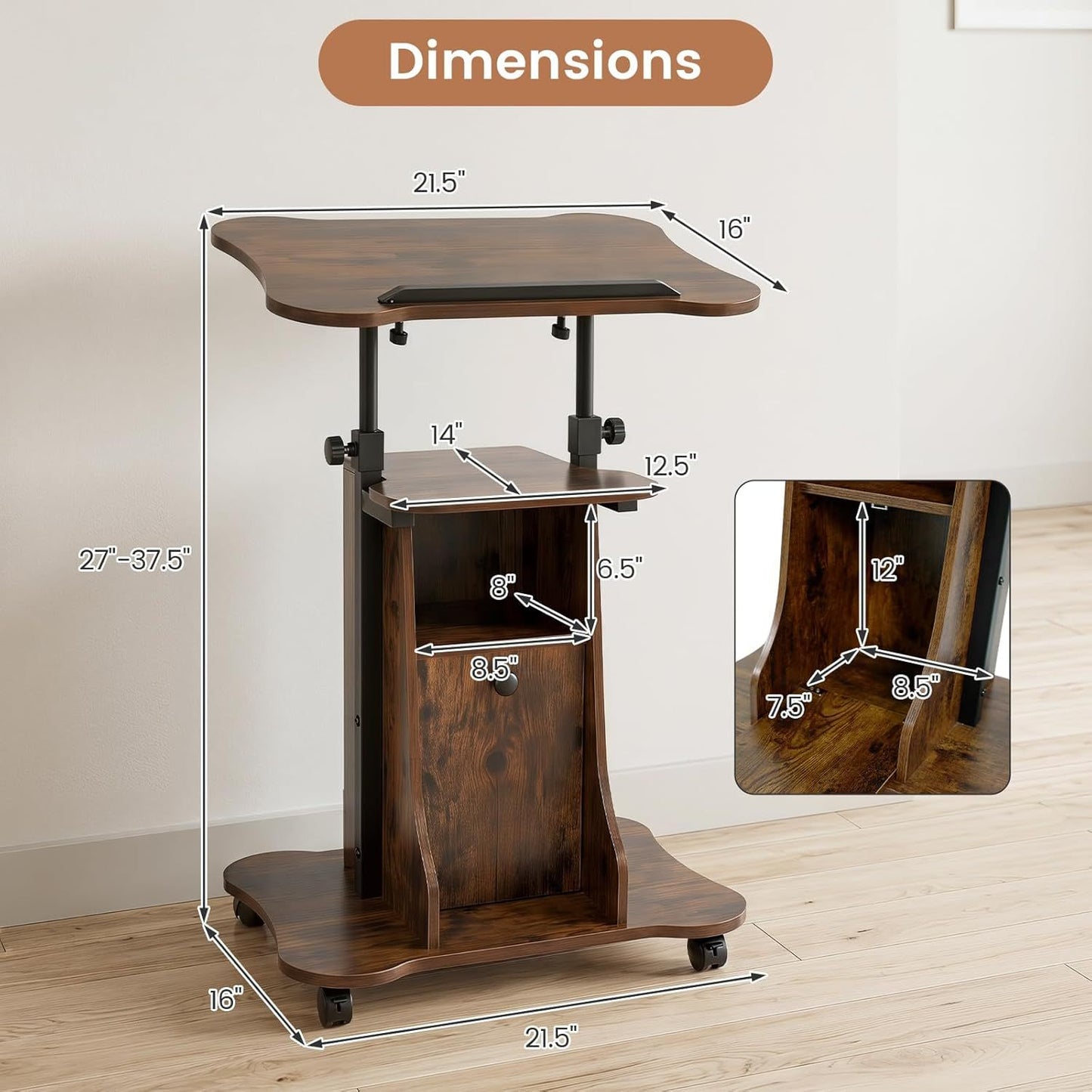 Adjustable Mobile Standing Desk Cart with Tilt Desktop and Cabinet, Rustic Brown Laptop Tables & Printer Stands at Gallery Canada