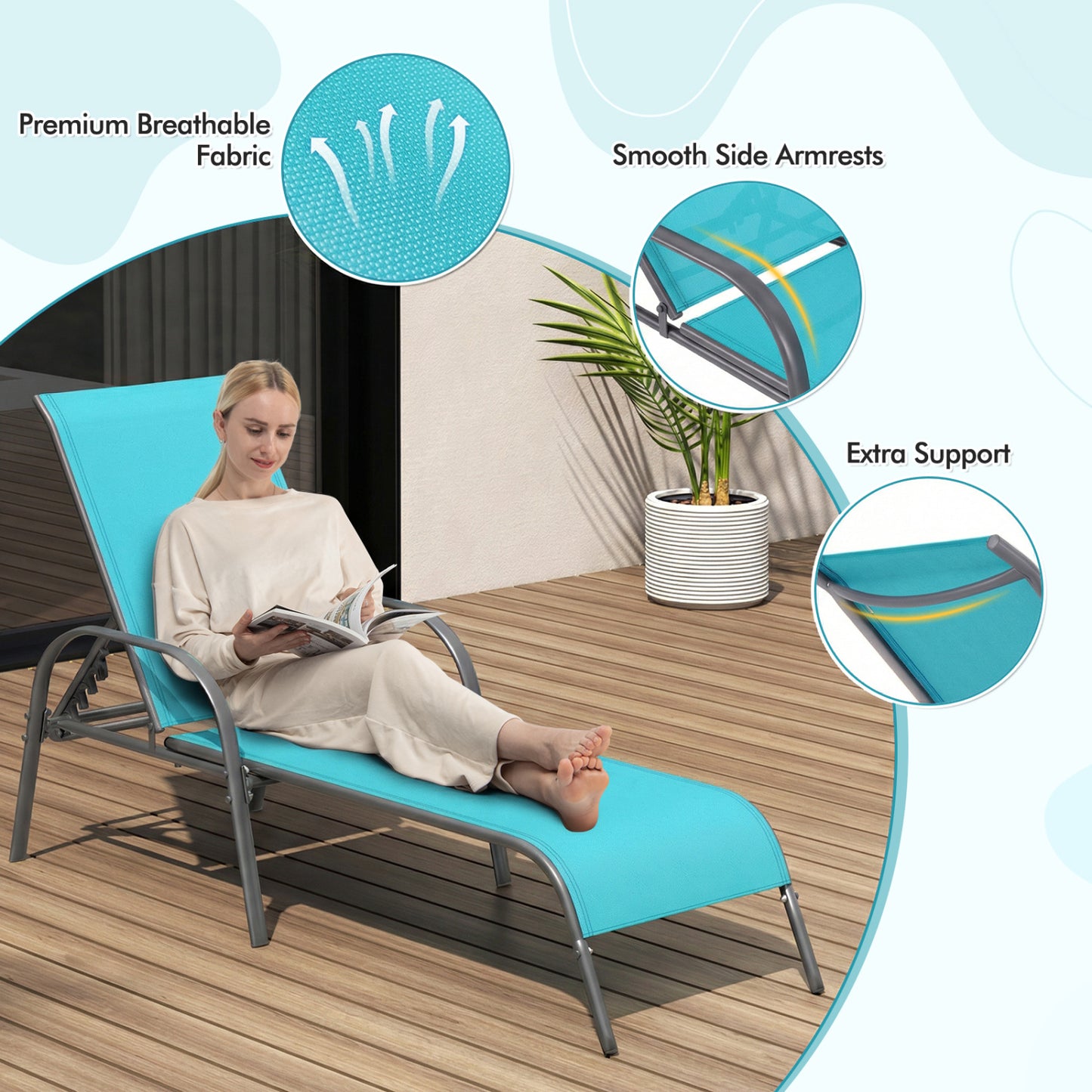 Adjustable Patio Chaise Folding Lounge Chair, Turquoise Outdoor Chaise Lounges at Gallery Canada