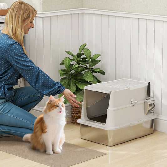 XL Stainless Steel Cat Litter Box, Flip Top, Scoop, Easy Clean Cat Litter Box Enclosures Stainless Steel, Light Grey, Transparent at Gallery Canada