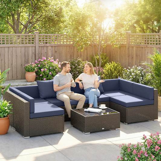 7pc Garden Wicker Sectional Set, Patio Rattan Lounge Sofa, Navy Blue Patio Furniture Sets Deep Coffee, Navy Blue Fabric at Gallery Canada