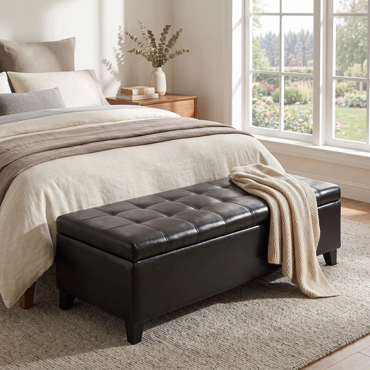 Storage Ottoman Bench, 51 Inches, PU Leather Foot Rest, Black Storage Ottomans & Benches Black at Gallery Canada