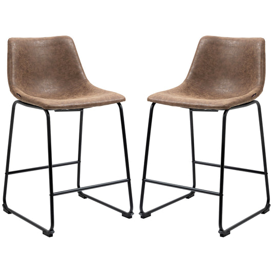 Counter Height Bar Stools Set of 2, Vintage PU Leather Bar Chairs, Kitchen Stools w/ Footrest for Home Bar, Brown at Gallery Canada