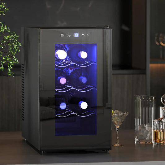 8 Bottle Wine Cooler, Glass Door, Temperature Control, Champagne Wine Racks Black at Gallery Canada