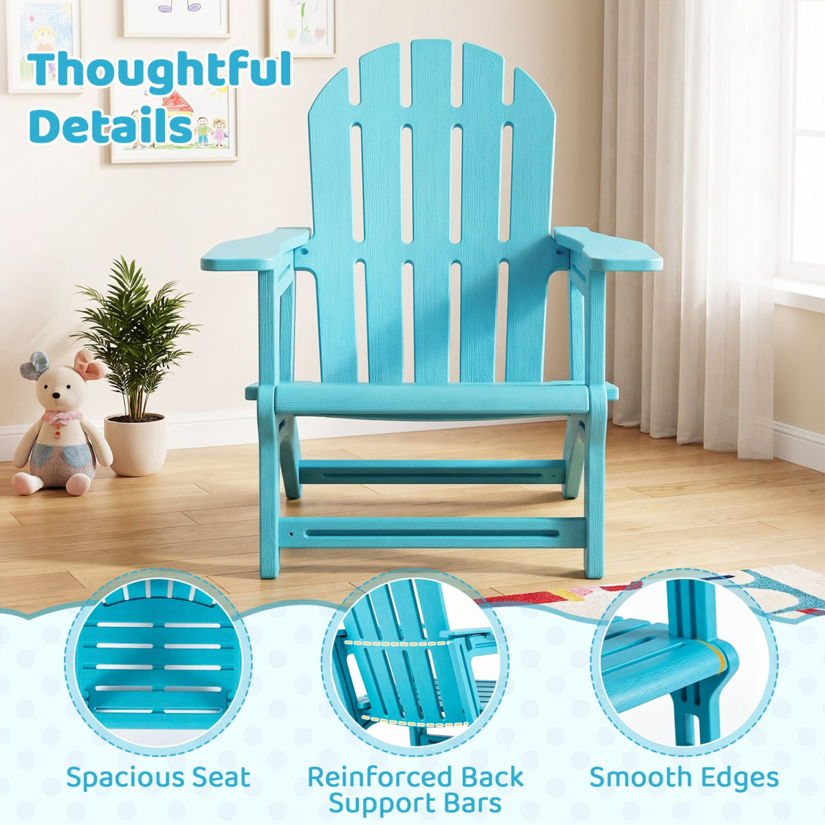 Kids Outdoor Patio Seating, Ergonomic Design, Turquoise Adirondack Chairs at Gallery Canada
