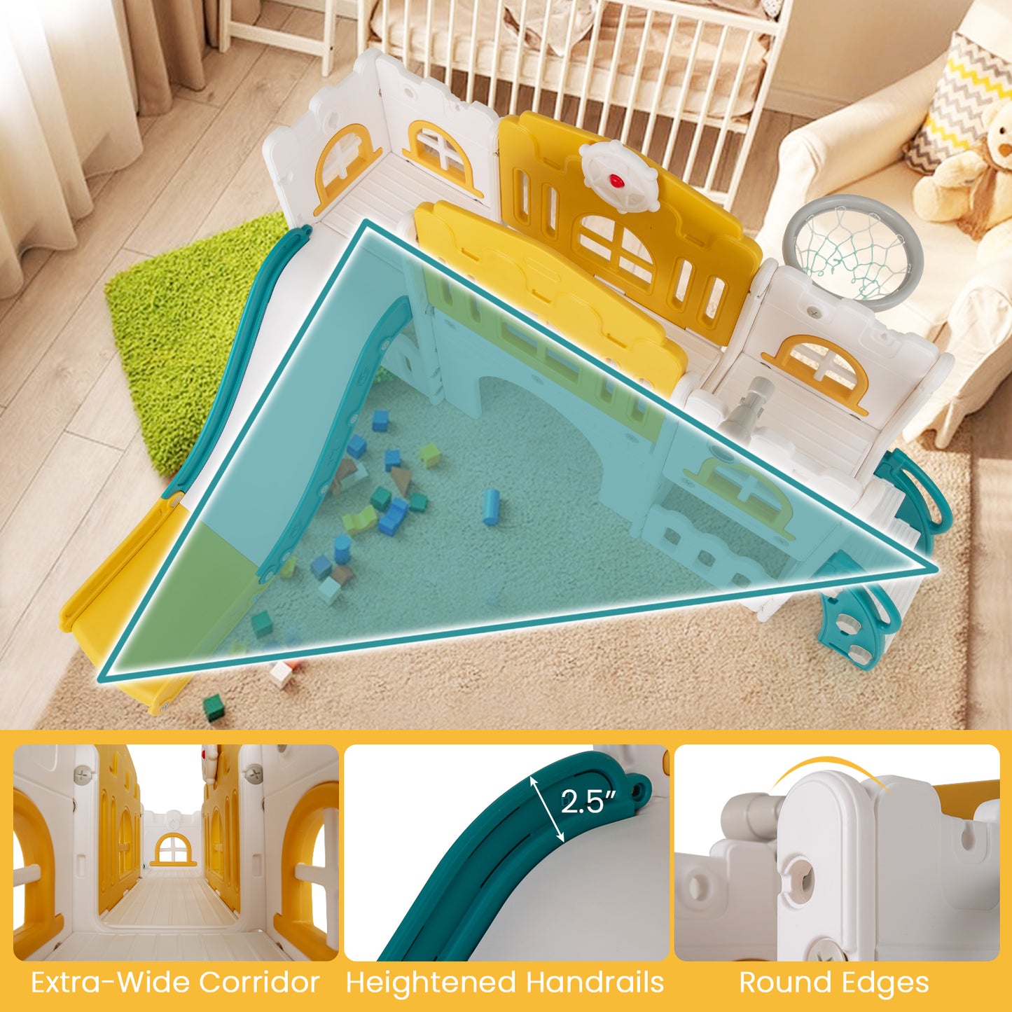 All-in-1 Toddler Slide Playset Playground with Tunnel and Ladder and Basketball, Yellow Climbers & Slides at Gallery Canada