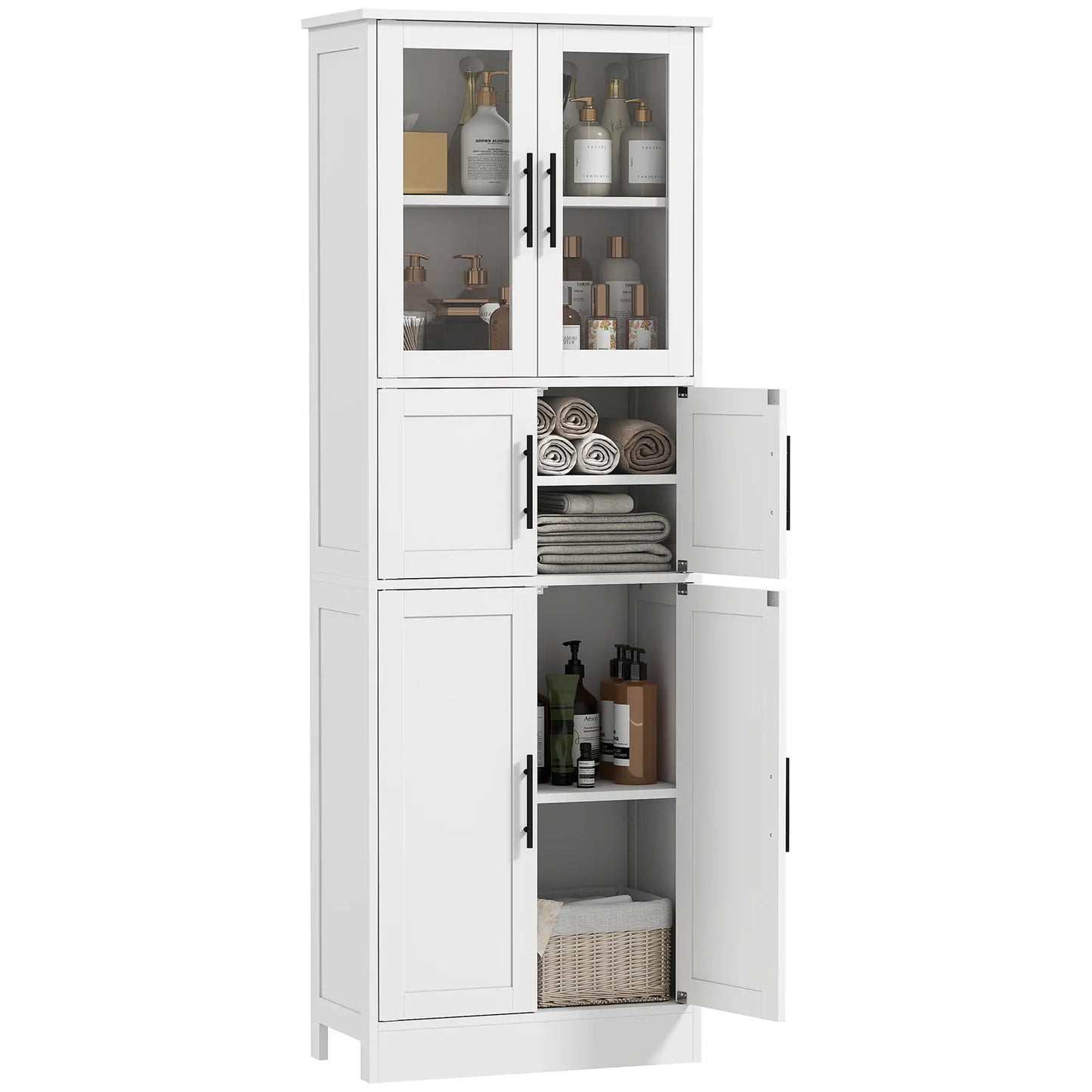 67" Tall Bathroom Storage Cabinet, Glass Doors, Adjustable Shelves, White Bathroom Cabinets at Gallery Canada