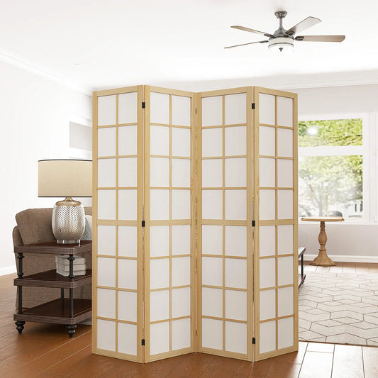 4 Panel Room Divider, 5.6 ft, Folding Partition for Home, Office, Bedroom Room Dividers Natural Wood, White at Gallery Canada