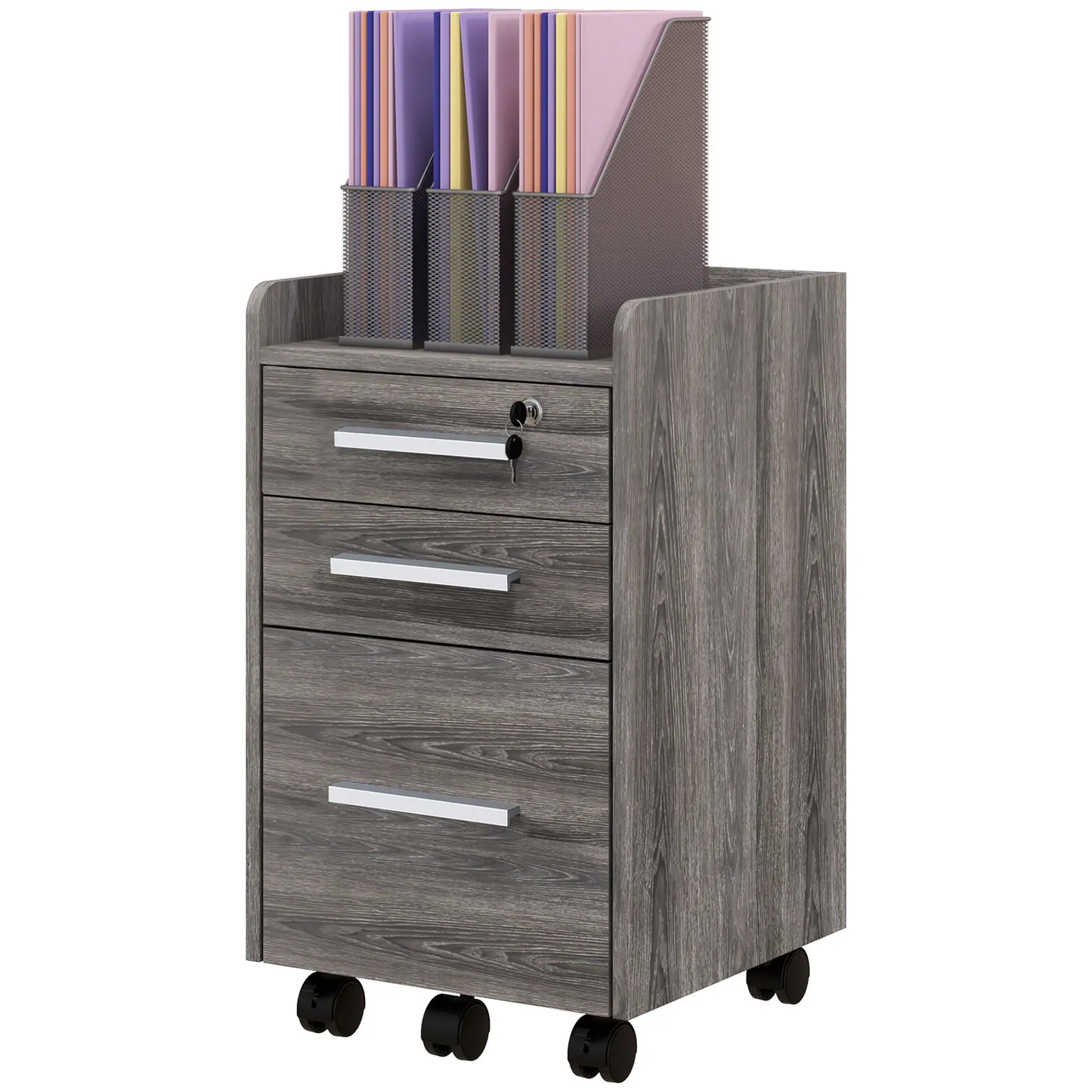 3 Drawer Vertical File Cabinet, Mobile with Lock, Wheels, A4, Letter Size, Grey Office Cabinets & Cupboards at Gallery Canada