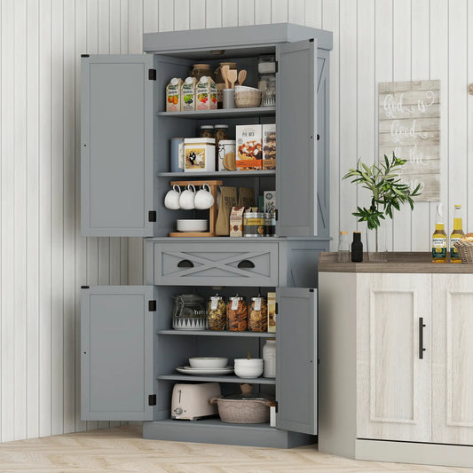 72.5" Kitchen Pantry Cabinet, 4 Doors, Drawer, Adjustable Shelves, Grey Kitchen Pantry Cabinets Grey at Gallery Canada