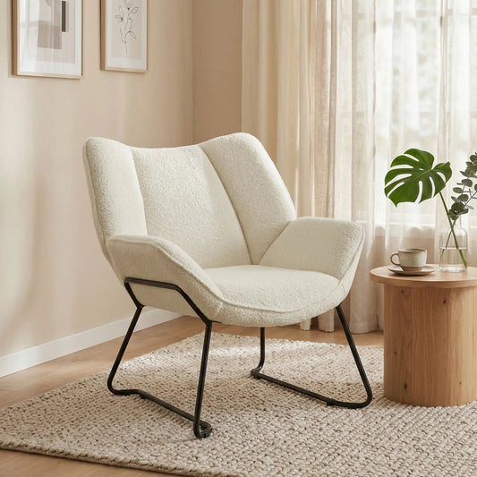 Accent Chair, Sherpa Fleece Armchair with Wide Backrest and Metal Legs, White Accent Chairs White, Black at Gallery Canada