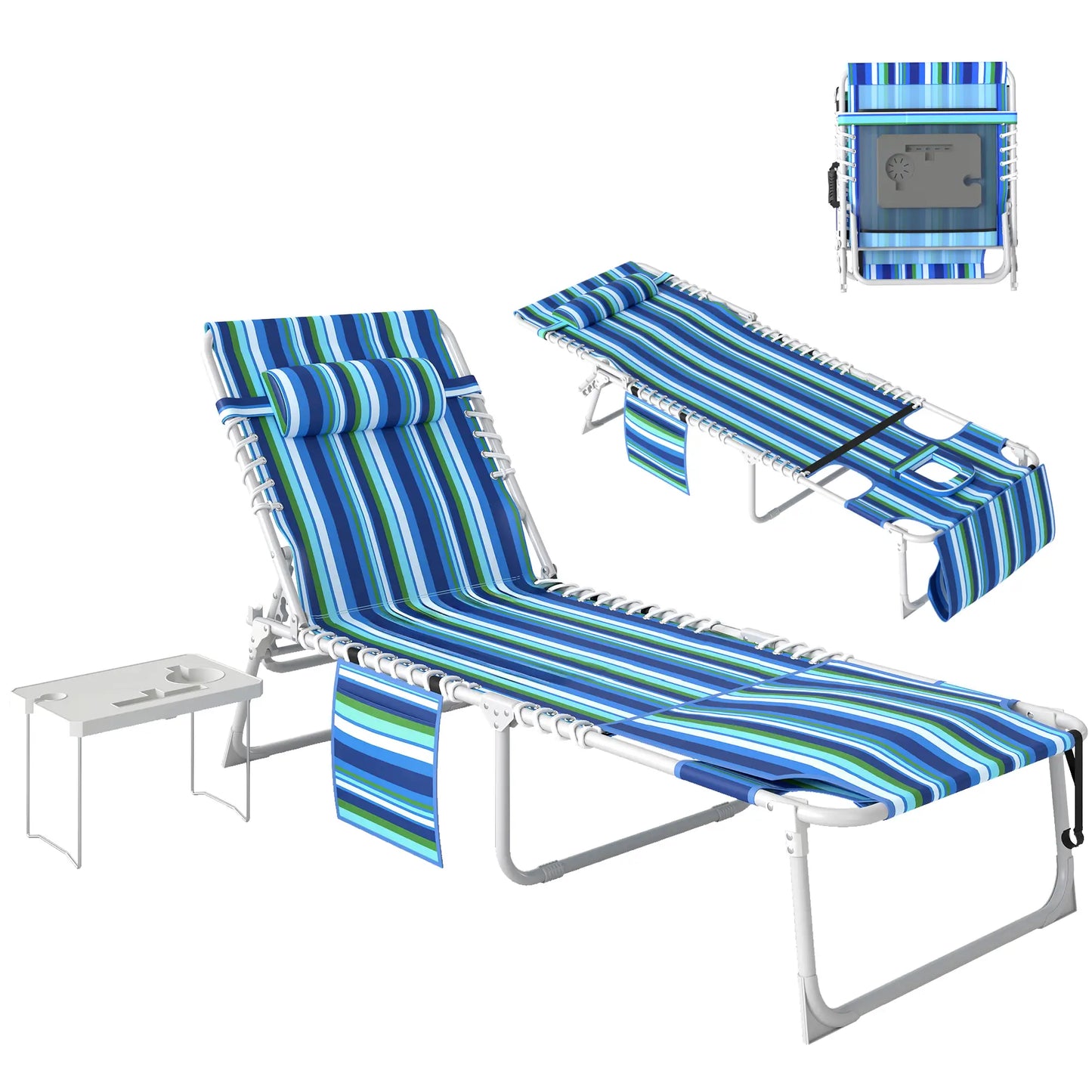 Folding Outdoor Lounge Chair, With Face Hole And Side Table, Blue Stripe Lounger Chairs at Gallery Canada