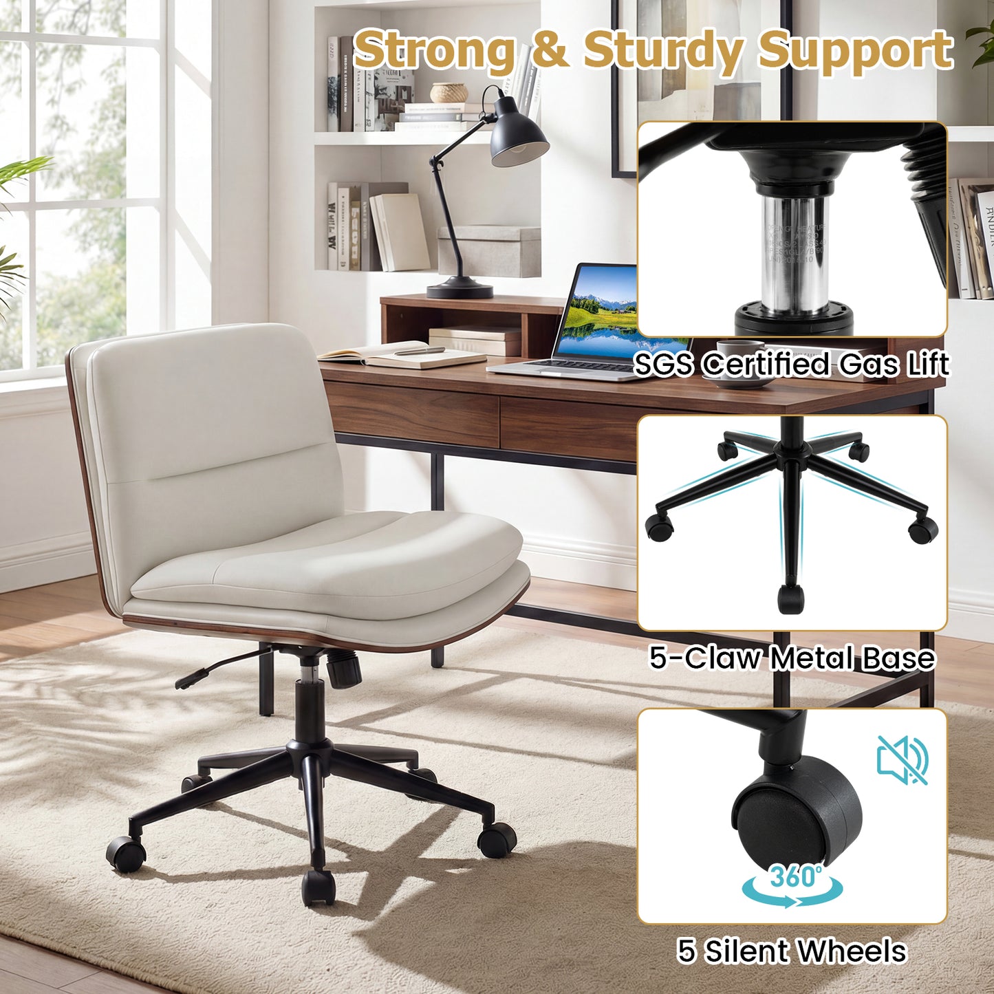 Armless Office Chair, Curved Backrest, Padded Seat, White Armless Chairs at Gallery Canada