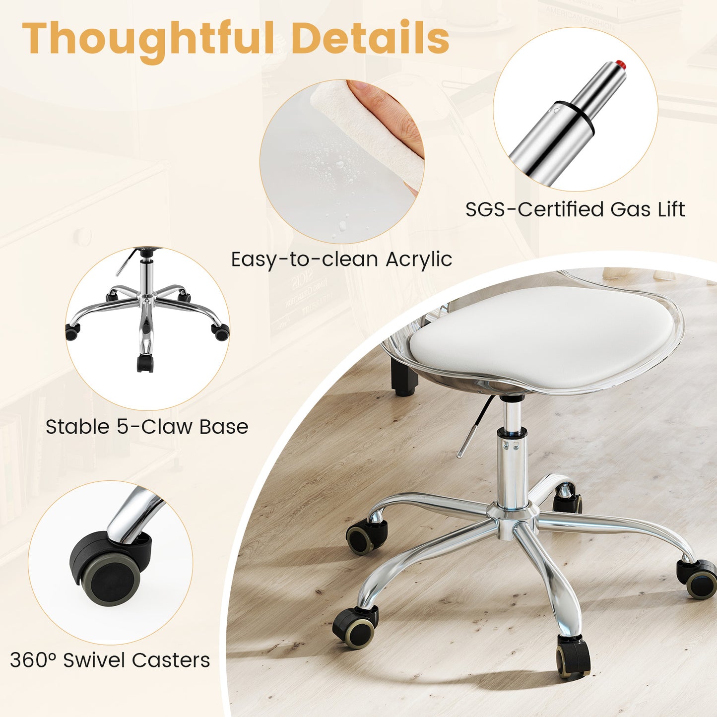 Armless Rolling Office Chair, Swivel Seat, PU Leather Cushion, White Armless Chairs at Gallery Canada