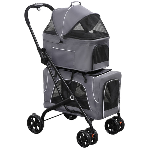 3-in-1 Double Pet Stroller for Small Miniature Dogs Cats with Removable Carrier, Foldable Travel Carrier Bag, Car Seat, Grey